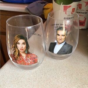 Schitts Creek Stemless Wine Glasses, featuring two characters from the hit show